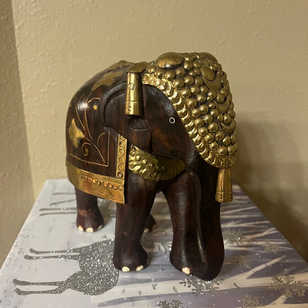 Carved Wooden Elephant Figurine with Gold Accent decor piece